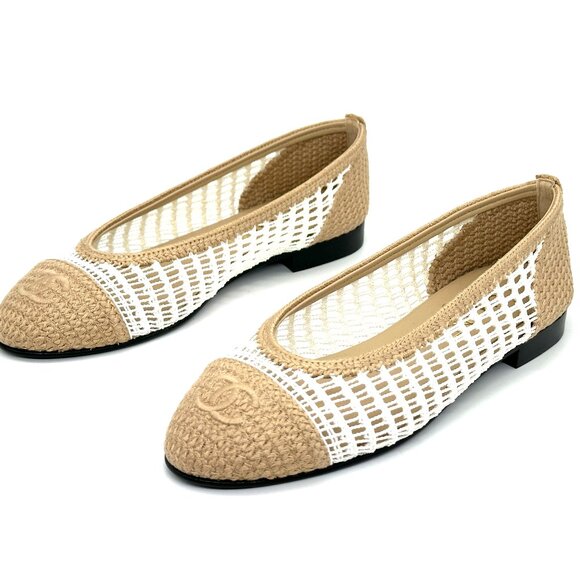 CHANEL REV CC Raffia Crochet Woven Two Tone Cap Toe Ballerina Ballet Flats - Picture 11 of 14